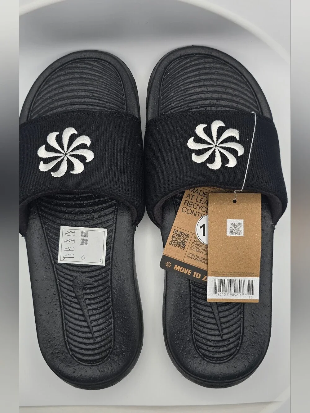 Nike Victori One Black Slide Sandals with White Floral Logo